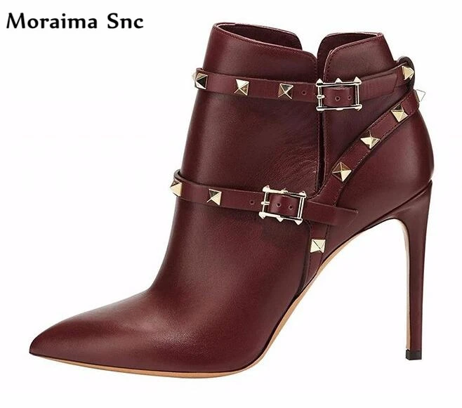 Moraima Snc high quality sexy women Ankle boots pointed toe Ankle strap Rivets studded high heels casual shoes Women's Shoes