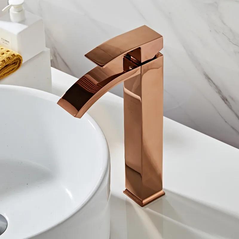 Günstig Becken wasserhahn messing bad wasserhahn einzigen griff torneiras para pia de banheiro Rose Gold waschbecken wasserhahn wasserfall wasserhahn