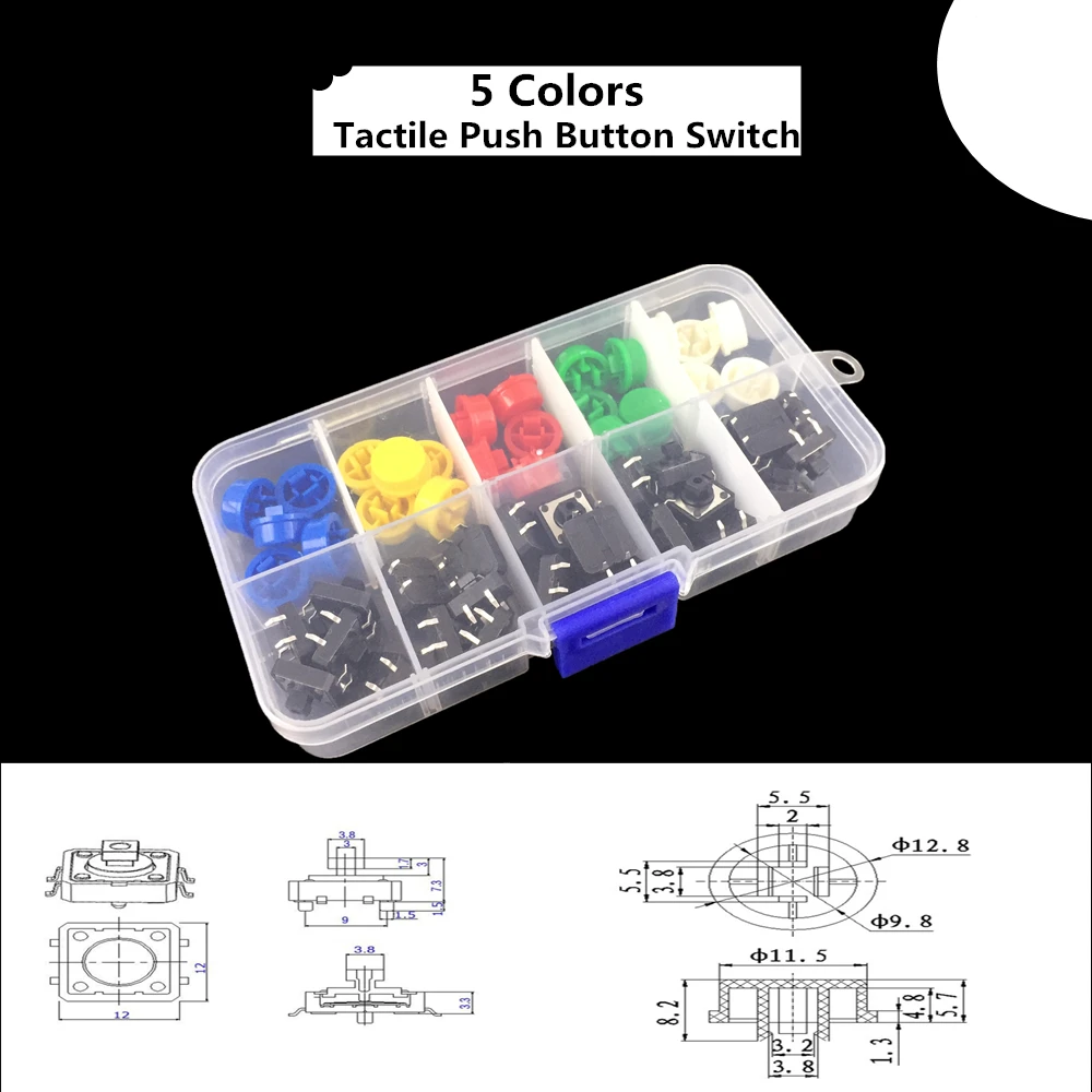 

5 Colors 12*12*7.3MM Micro Switch Button Tact Cap Tactile Push Button Switch Momentary 25Pcs/Set