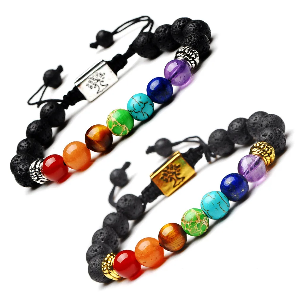 

7 Chakra Bracelet Men Women Black Lava Healing Balance Reiki Prayer Natural Stone Beads Yoga Strand Bracelets Adjustable Rope