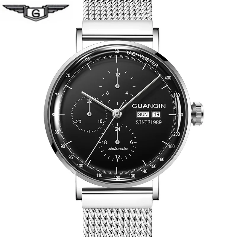Black silver GUANQIN Tourbillon, автоматические водонепроницаемые часы, мужские наручные часы со скелетом, мужские механические 3D кривые часы, мужские часы - Цвет: Black silver