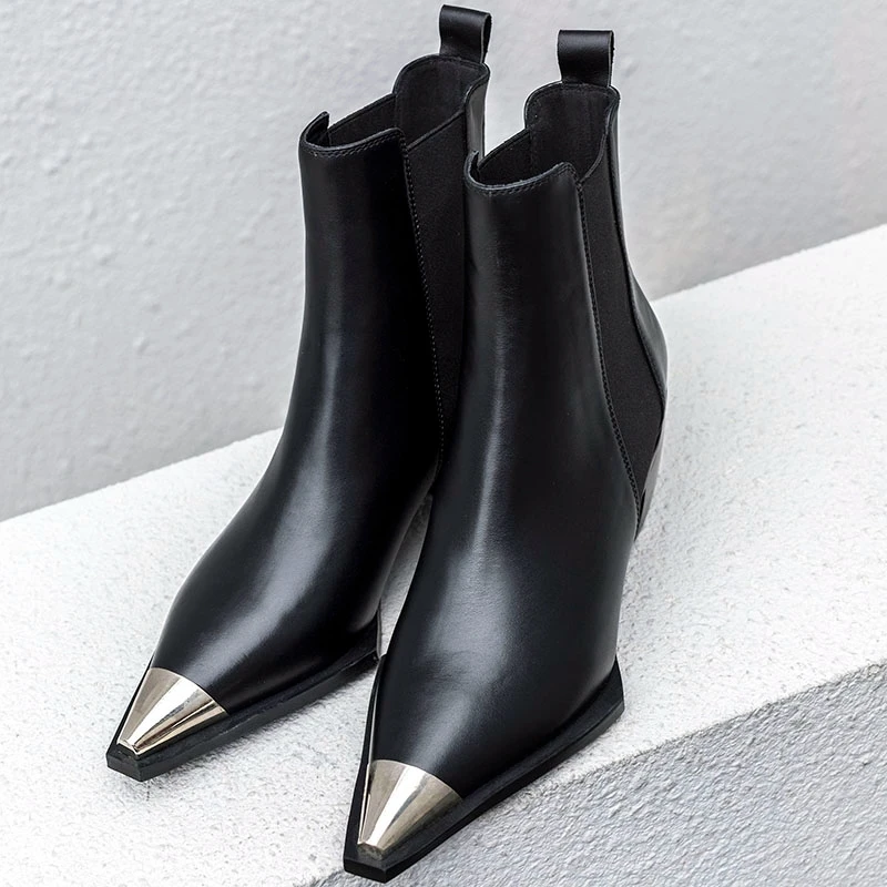 Najtaniej 2019 wiosna jesień klasyczny Design czarny biały skórzany szpiczasty nosek kwadratowy obcas chelsea boots Comfort Block heel obuwie damskie