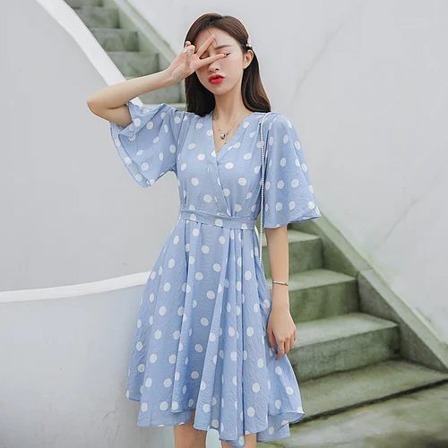 

2019 V Neck Korean Brief Vestidos Bow High Waist A-line Dreses Bow Dot Loose Fashion Casual Vintage Summer Dress