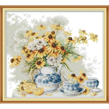 

NKF Daisies and Porcelain Cross Stitch Patterns DIY Kits 14CT11CT Chinese Needlework Embroidery Sets for Home Decor
