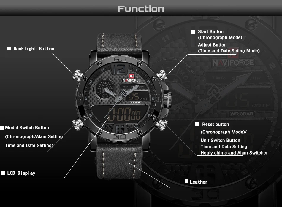 Бренд класса люкс NAVIFORCE, мужские повседневные спортивные часы, мужские кожаные кварцевые наручные часы, мужские военные светодиодный аналоговые цифровые часы с датой