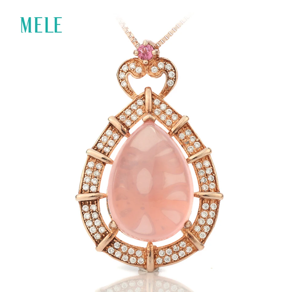 

Natual rose quarts silver pendant , big pears 13mm*18mm, special design and special gift for party