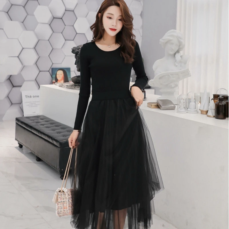 

SexeMara fashion autumn The New Slim fit Long sleeve Mesh splice Bottoming knitting Sweater dress free shipping