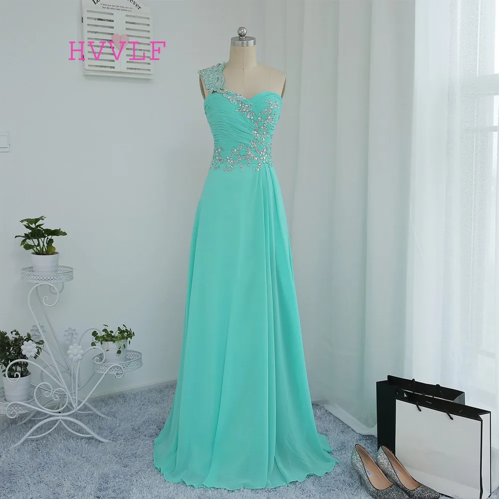 

HVVLF Mint Green 2019 Prom Dresses A-line One-shoulder Chiffon Beaded Crystals Long Prom Gown Evening Dresses Evening Gown