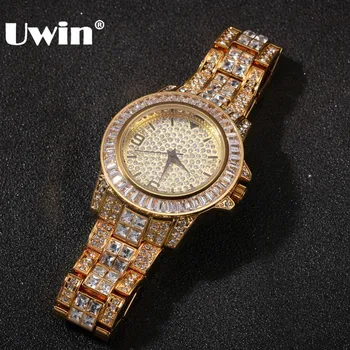 

UWIN New Men Women Gold Color Quartz Wristwatch Fashion Watch Top Brand Steel Band Bracelet Watch Waterproof Iced Out Watch