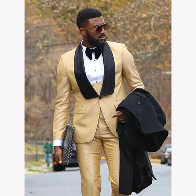Custom Men Suit For Wedding Gold With Black Lapel Slim Fit Tuxedo Man