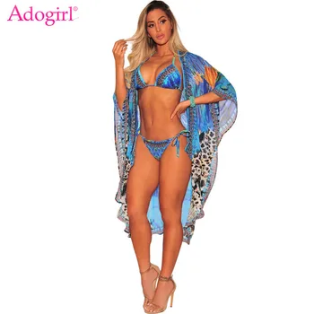 

Adogirl 2018 Summer Beach Two Piece Set Feather Leopard Print Women Sexy Micro Mini Bikini Chiffon Cardigan Cover Up Female Suit