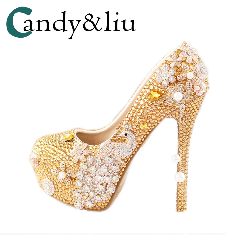 

Female Pumps Golden Phoenix pearl gold yellow diamond bride shoes tassel pendant single waterproof pumps wedding shoes heels
