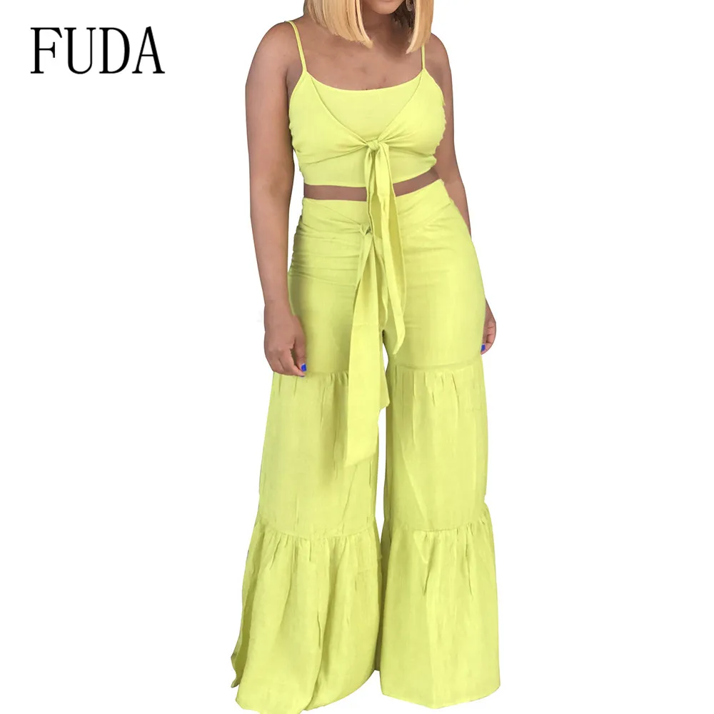 

FUDA Two Pieces Sets Casual Jumpsuits Rompers Sexy Sleeveless Top + Wide Leg Pants Summer Elegant Leisure High Street Playsuits