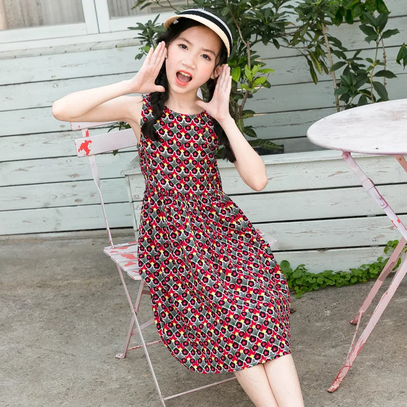 

Folk-custom Girls Dresses 2019 Summer Korean Style Cotton Sleeveless Floral Vest Dress Big Girls Party Outing Princess Dress