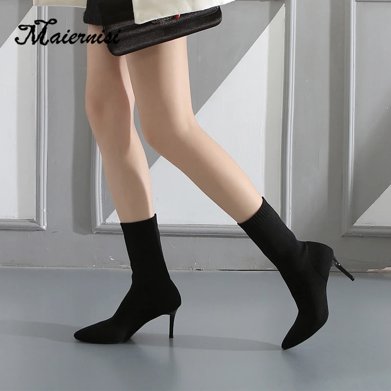 

MAIERNISI Autumn Winter Add Cotton Boots Fashion Elastic Black Sexy Pumps Boots Shoes Women Thin Toe High heel shoes for ladies
