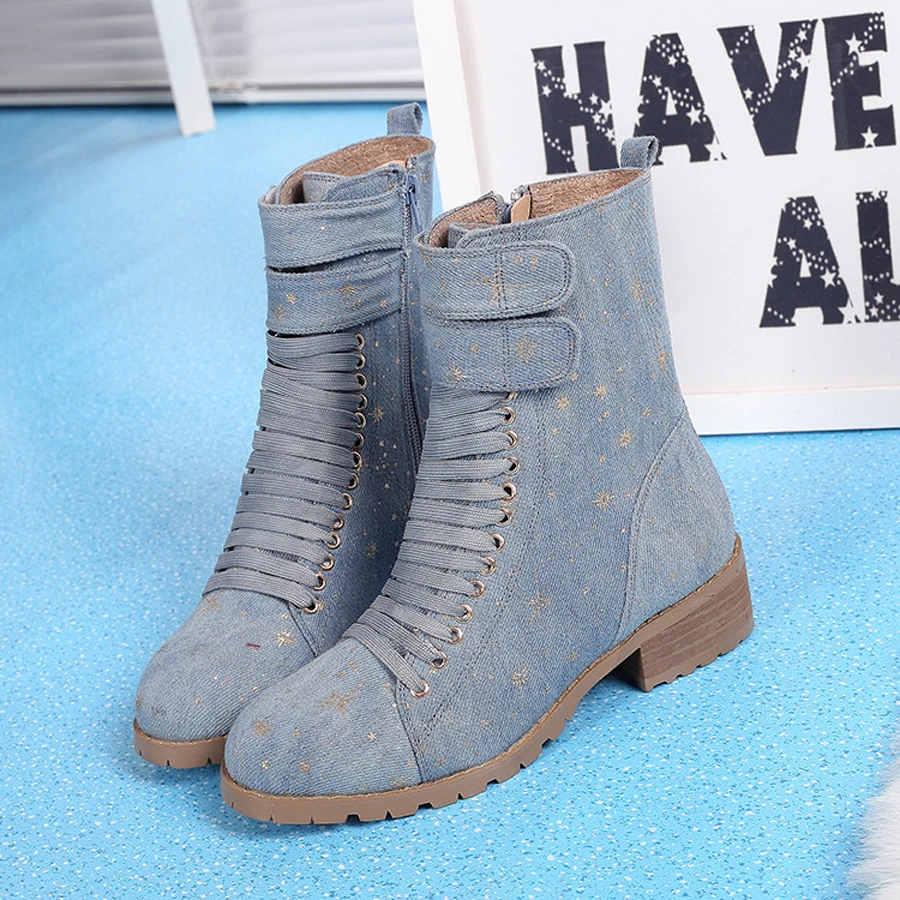 Новые модные женские сапоги до середины икры на низком каблуке из джинсовой