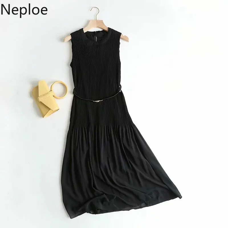 

Neploe Pleated O-Neck Dresses Sleeveless Sashes Vestidos Solid High Waist Slim Fit Mid-Calf Length Dress 45164