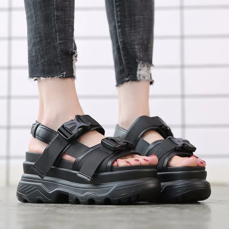 RASMEUP Platform Women's Sandals 2019 Fashion Summer Leather Buckle Women Thick Soled Beach Sandal Casual Chunky Woman Shoes