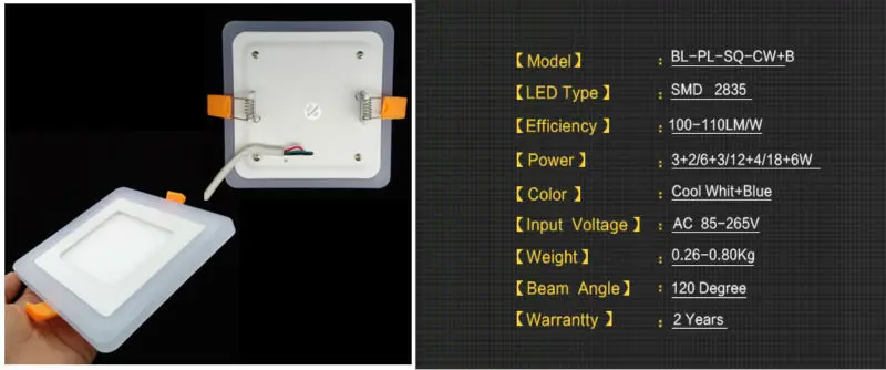 Синий + белый квадрат светодиодный Панель светильник 5 Вт 9 Вт 16 Вт 24 Вт 3 модели Светодиодные осветительные панели AC85-265V встраиваемые