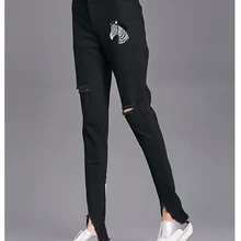 Брюки Весна Зима повседневные Прямые хлопковые женские джинсы черные рваные с принтом Zabra классические свободные джинсовые брюки одежда BM8686