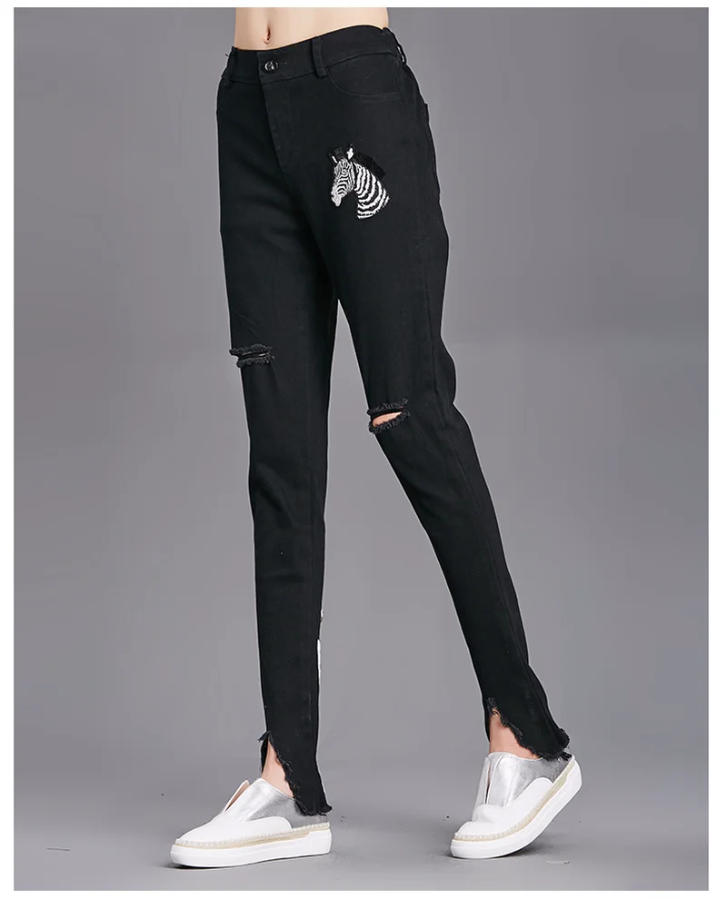 

Pants 2018 Spring Winter Casual Straight Cotton Women Jeans Black Hole Zabra Print Classic Loose Denim Pants Clothing BM8686