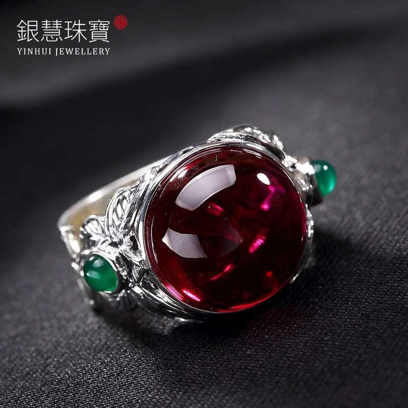 

S925 pure silver red corundum chrysoprase open wholesale upscale atmosphere special restoring ancient ways ring