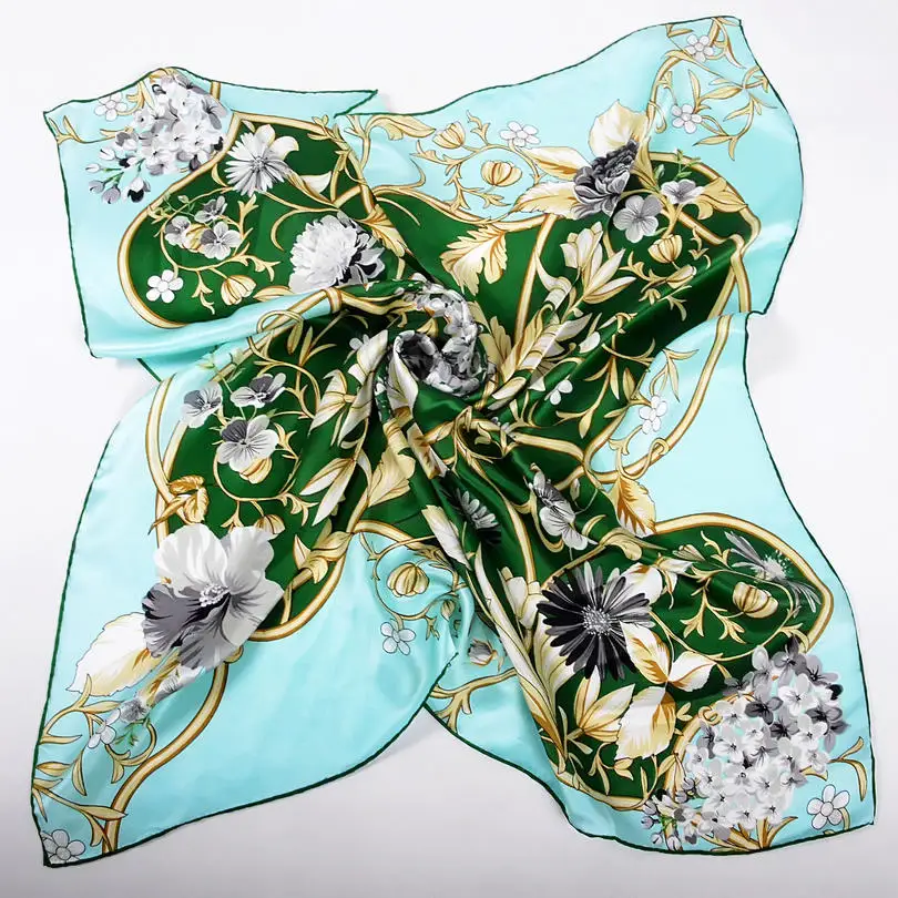 [BYSIFA] Осень Зеленый женский шелковый шарф весна зима модные аксессуары Бренд Цветочный Дизайн Женские квадратные шарфы обертывания Echarpe - Цвет: Зеленый