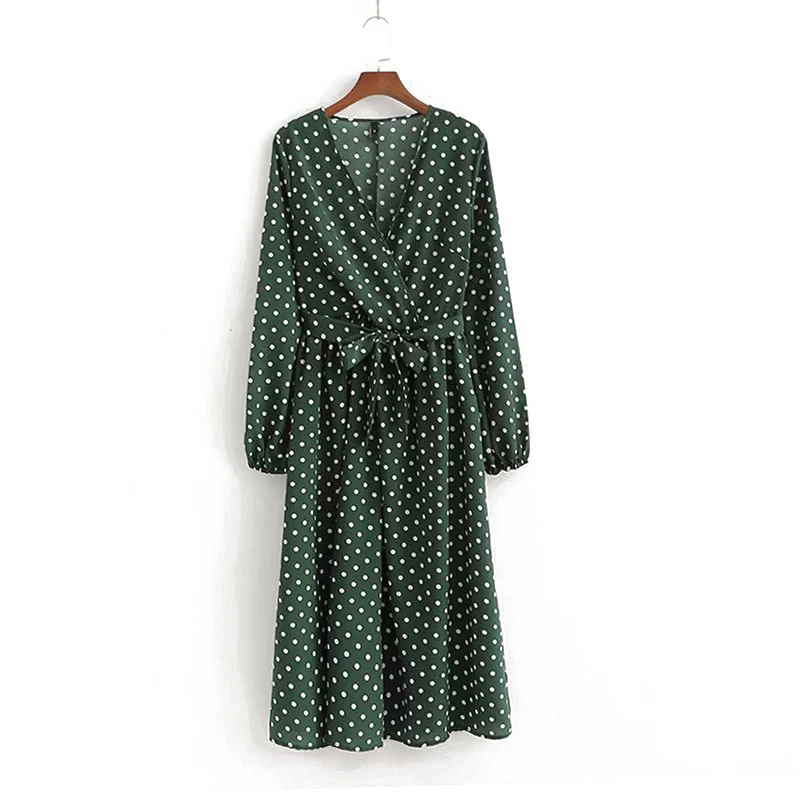 

Summer Deep V-Neck Dress Dot Women Full Sleeve Dress Women Elegant Casual Loose Dress A-Line Belt Bow Sundress