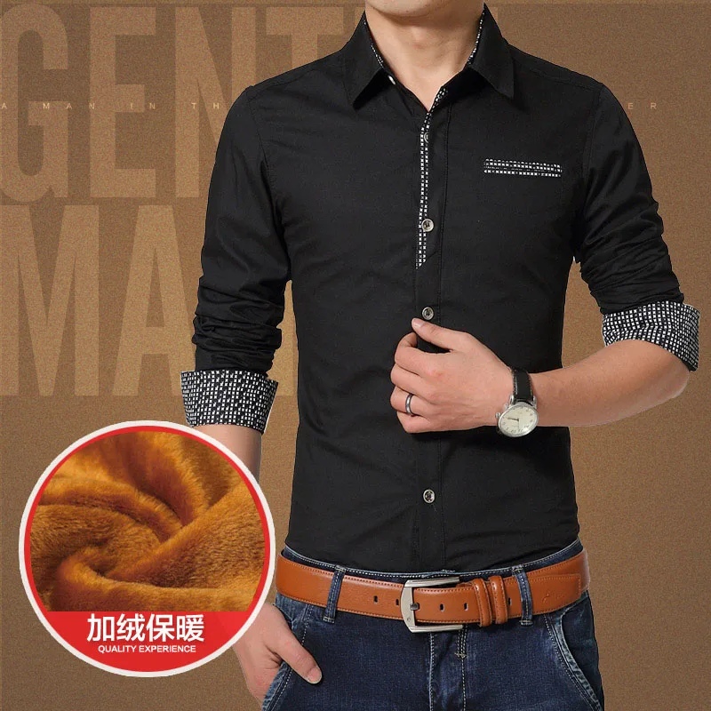 Брендовая осенне-зимняя повседневная рубашка для мужчин, теплые мужские нарядные рубашки, плотные мужские официальные рубашки размера плюс, мужские рубашки с длинным рукавом размера плюс M-5XL - Цвет: Black