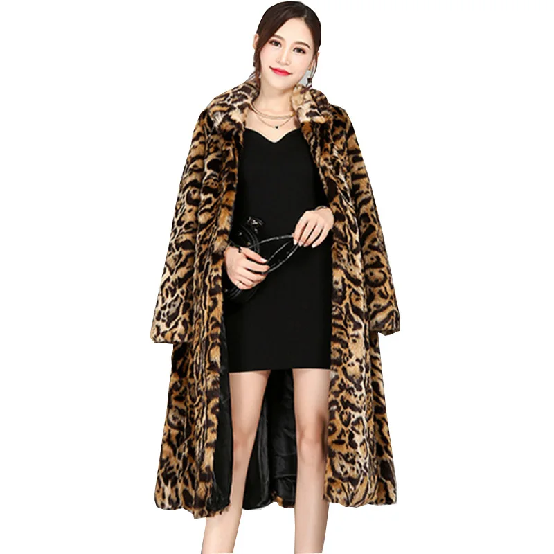 

S-6XL New Fashion female Winter Trench Coat thickened warm Plush Coat long leopard fur Imitation fur Coat Women Winter Clothing