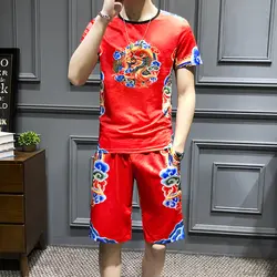 Повседневная футболка Homme 7XL-M, футболка + шорты, летний комплект из 2 предметов в китайском стиле, Мужская футболка с короткими рукавами