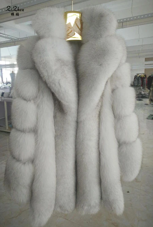 Новая мода Роскошный Полный Пелт зимний теплый длинный натуральный Лисий мех пальто для женщин натуральный Лисий мех куртка с отложным воротником 180314-2