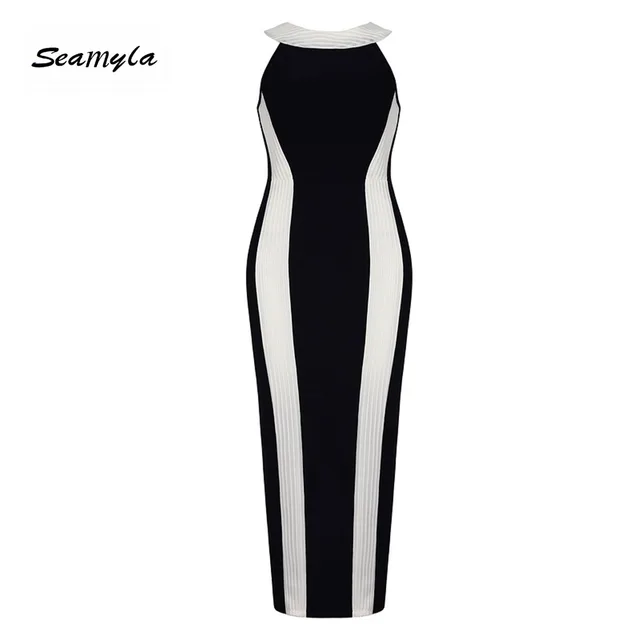Seamyla Winter Bandage Dress Women Black And White Patchwork Seamyla Winter Bandage Dress Women Black And White Patchwork Celebrity Party Dresses New Sleeveless Bodycon Y