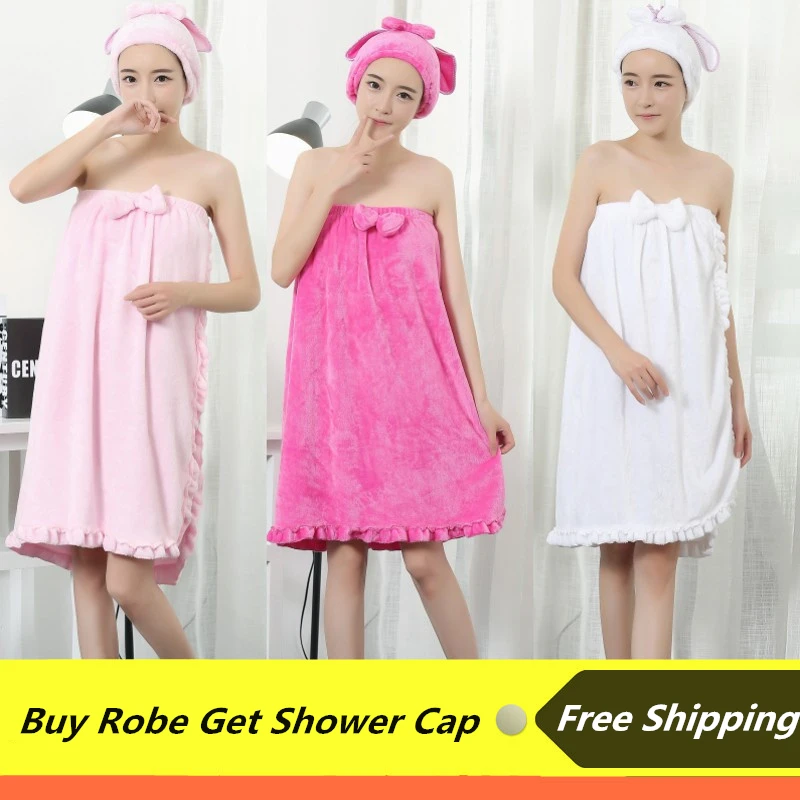 Buy Cute Women Bathrobe With Shower Cap Solid Knee