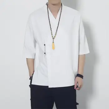 

Chinese Style Kimono Mens Shirts Half Sleeve Casual Streetwear Male Cotton Linen Shirt Spring Summer Men Clothes 2020 New