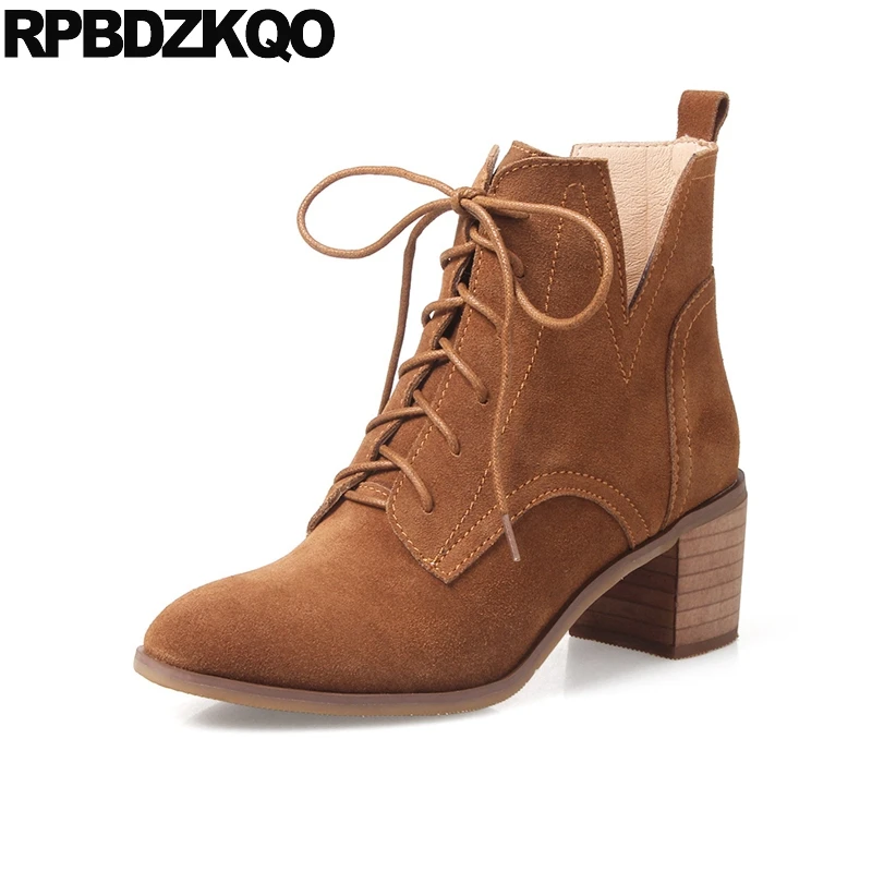 

Chunky British Vintage Suede Women Genuine Leather Shoes Booties High Heel Front Lace Up Casual Ankle Boots Autumn Brown Short
