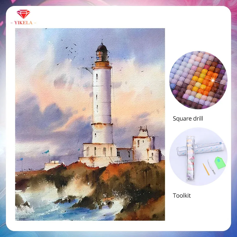 

YIKELA 5D Lighthouse Scenery Oil Painting Poster Cross Stitch Full Drill Diamond Embroidery Diamond Painting Wall Sticker Kits