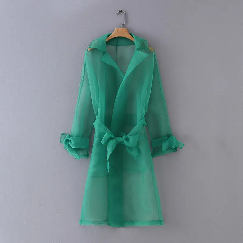 

2019 High Street Women fashion transparent organza casual jacket ladies long sleeve bow tied sashes outwear leisure tops CT220