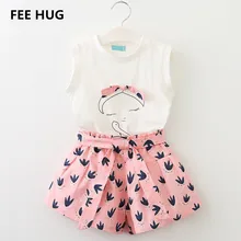 

FEE HUG Summer Girls Clothes Fashion High Quality Children Girls T shirts +Pants Clothing Suits Kids Sleeveless Tops Tee Shorts