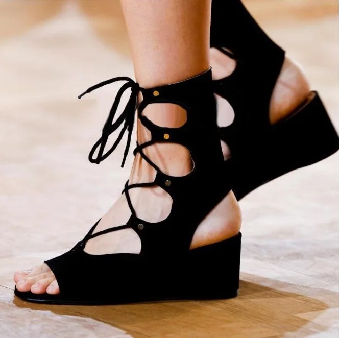 

Rome Style Lace-up Wedge Sandals For Women Peep Toe Cut-out Summer Dress Shoes Cross Strap Gladiator Sandals Shoes Free Ship