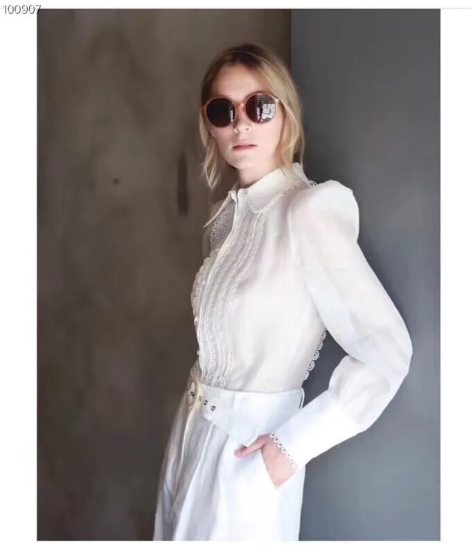 

new autumn and winter fashion women white blouse button turn-down collar