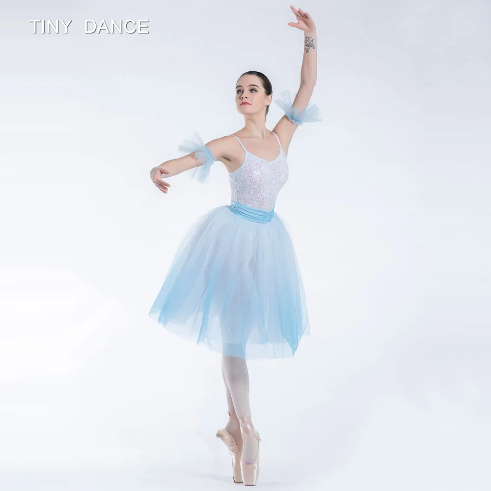 Ombre Blue Long Ballet Tutu Camisole White Sequin Lace Bodice with Romantic Length Dancing Dress for Girls and Women 19163 | Тематическая