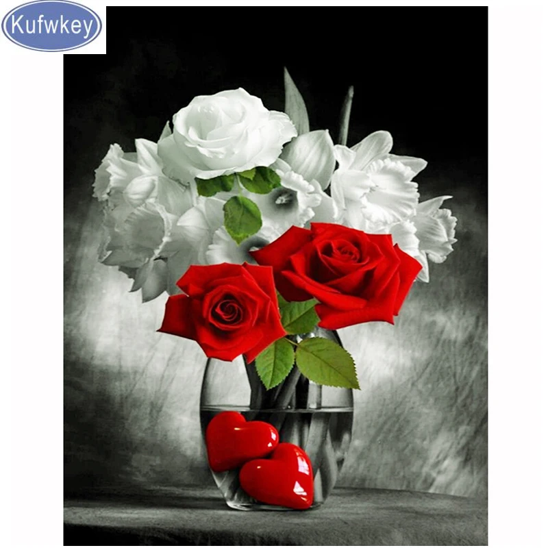 

Full Set Diamond Painting white red rose Full Square 5D Diamond Embroidery flower Mosaic Rhinestone Picture Wall Sticker
