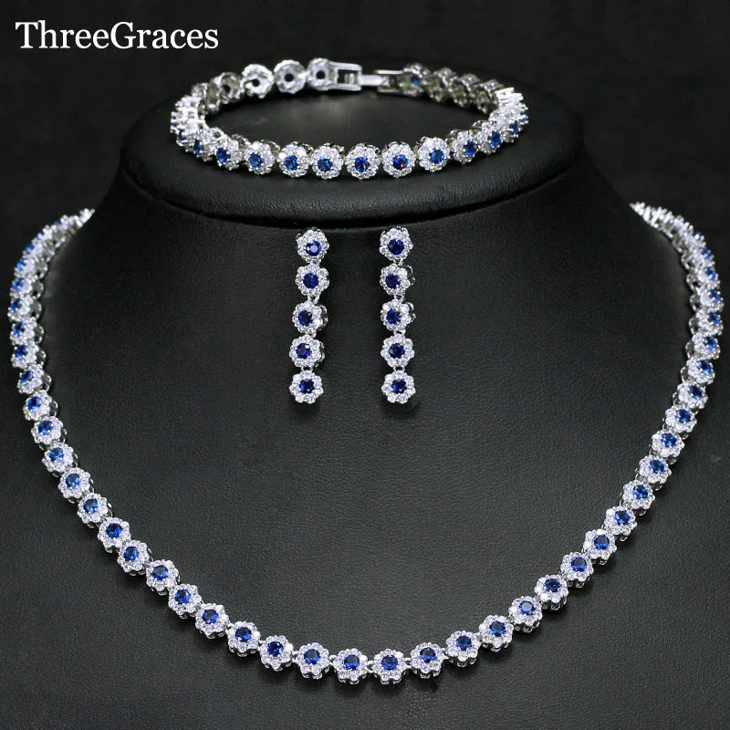 ThreeGraces Newest Bridal Royal Blue Flower CZ Crystal Bracelets Earrings Jewelry Silver Color 3PCS Wedding Necklace Sets JS243 ThreeGraces Newest Bridal Royal Blue Flower CZ Crystal Bracelets Earrings Jewelry Silver Color 3PCS Wedding Necklace Sets JS243