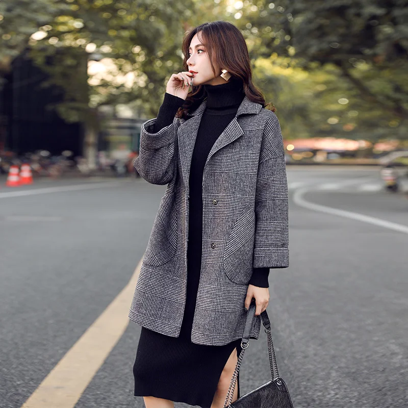 

Fashion women's woolen coat female long section Korean version 2019 new autumn and winter wear small tartan woolen coat tide