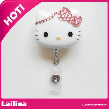 

Princess Blinged Pink Bow Kitty Rhinestone Badge Reel / Name Badges / ID Badge Holder
