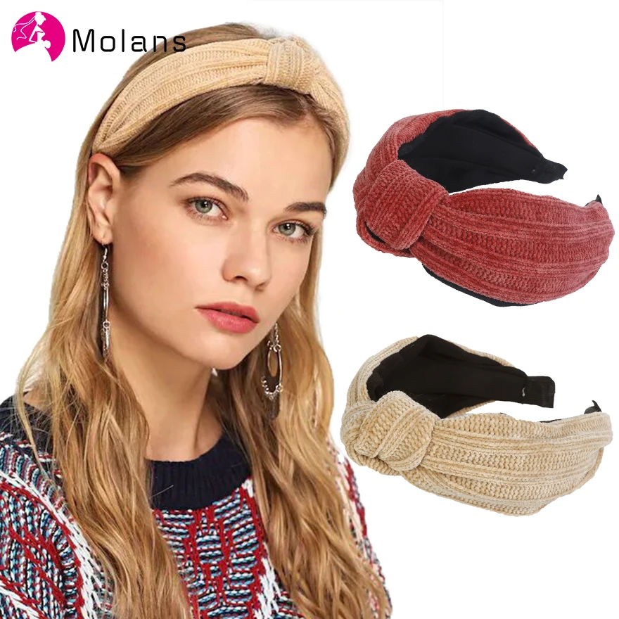 

Molans Simple Chenille Knot Headbands Beige Center Knotted Hairbands Solid Chenille Wide Autumn Headband Cute Female Hair Bands
