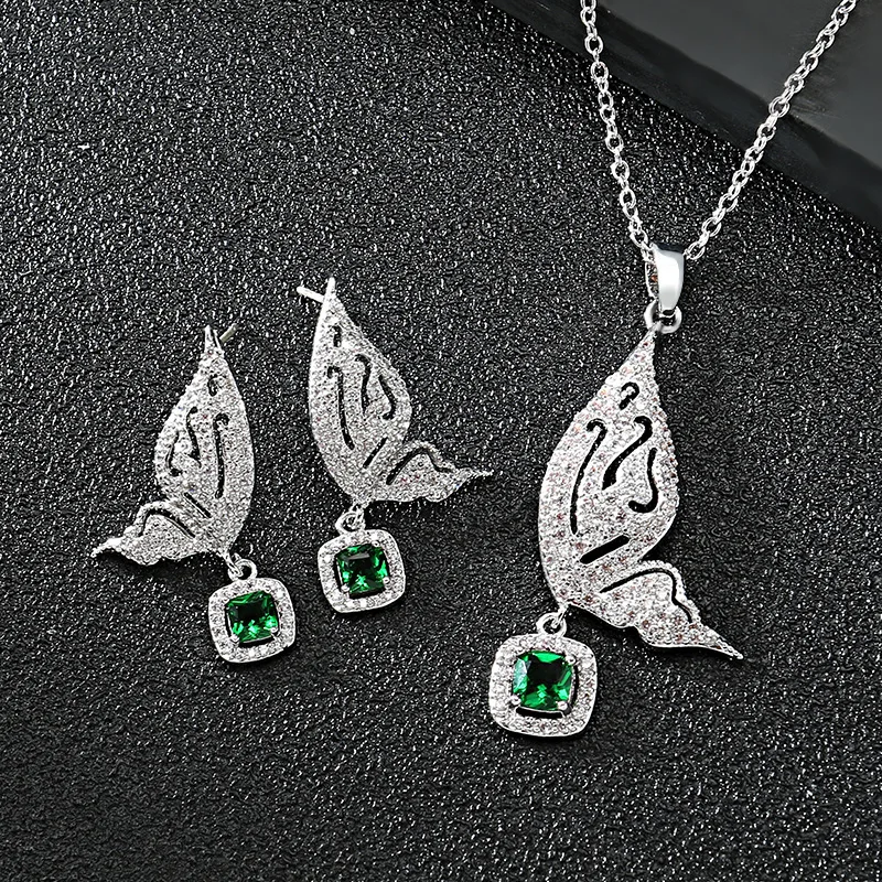 

NEW Fashion Butterfly Shape Ladies Jewelry 925 Sterling Silver Red CZ Blue Crystal Earrings And Necklace Sets animal