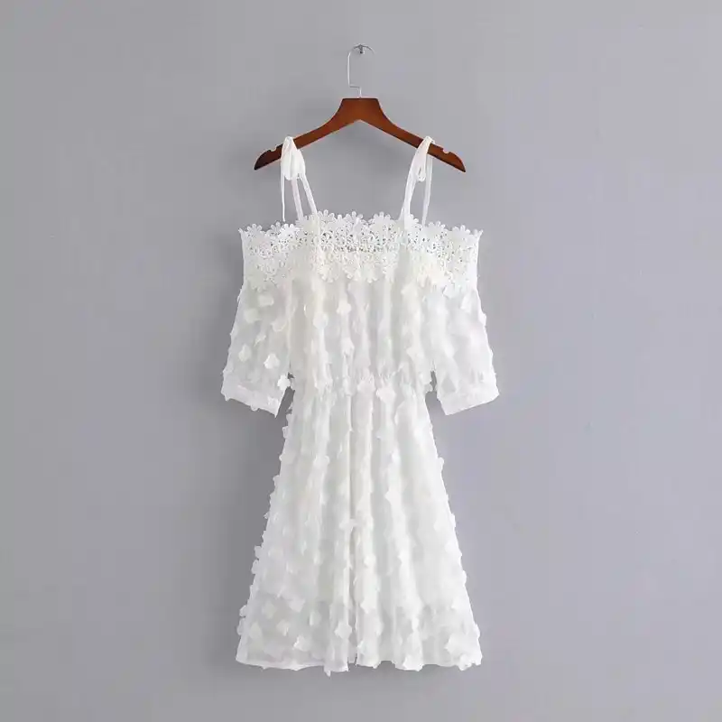 3d floral white dress