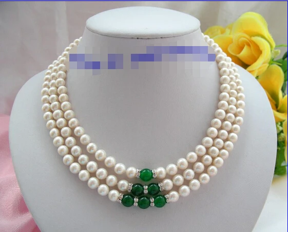 

vogue popular 3rows 8mm round white freshwater pearls Beautiful necklace 17"